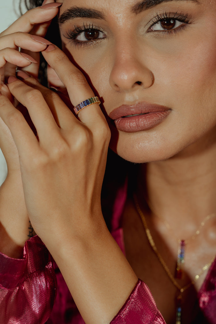 The Rainbow Half Eternity Ring worn by model