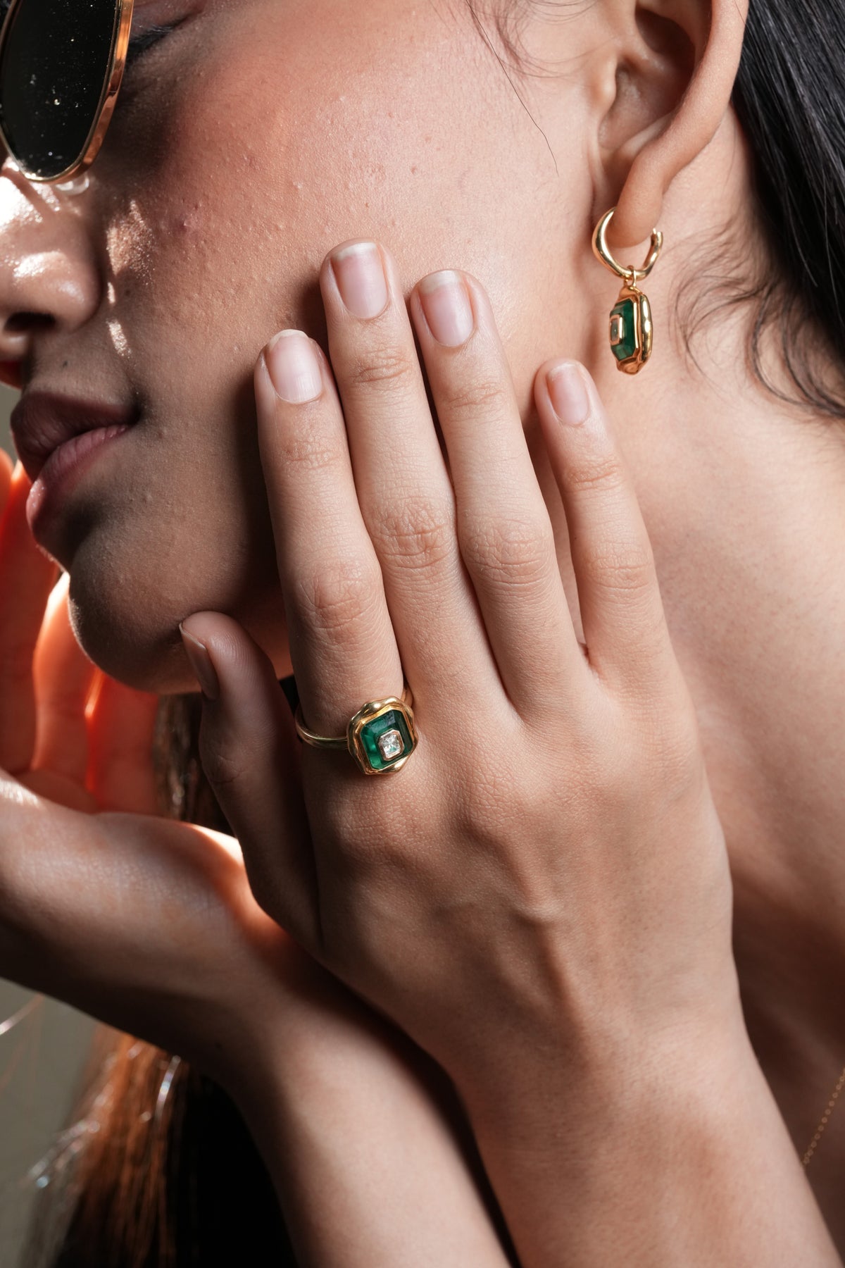 The Emerald Ring worn by model (PRA02303)