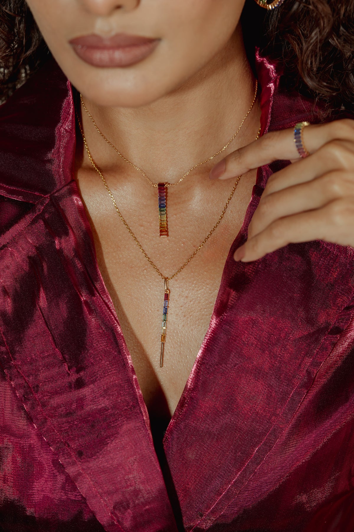 The Rainbow Colour Story Pendant worn by model
