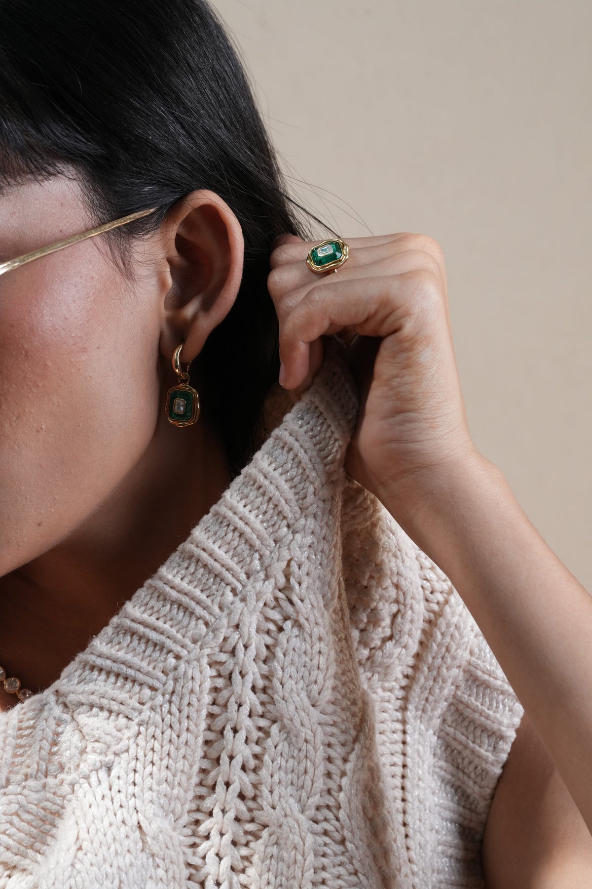 The Emerald Earring worn by model (PRA02265)