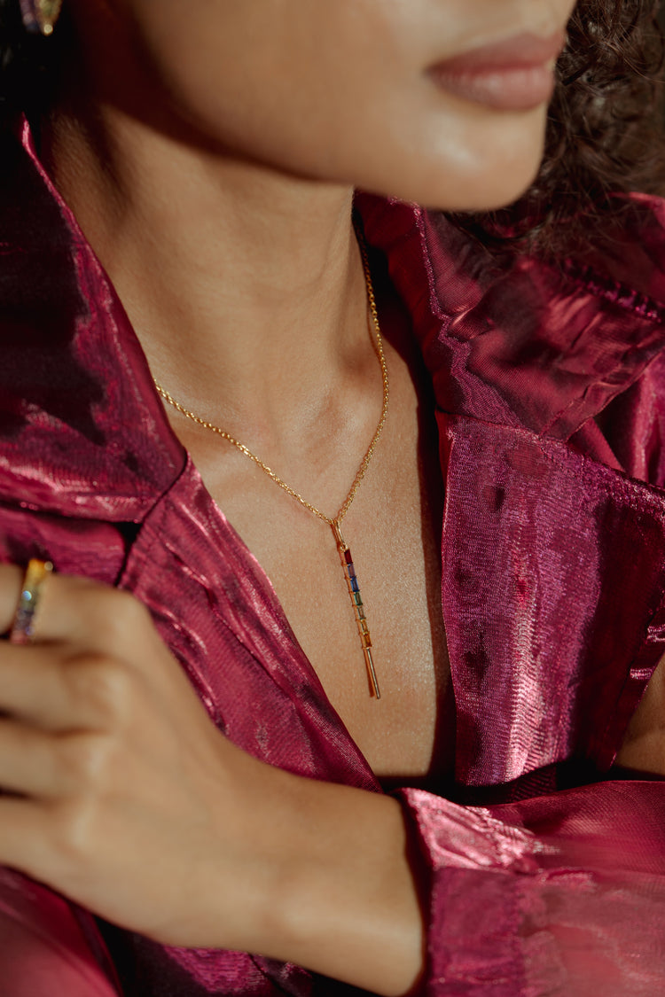 The Rainbow Colour Note Pendant worn by model