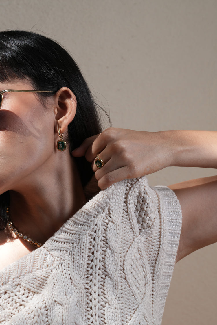 The Emerald Earring worn by model (PRA02262)