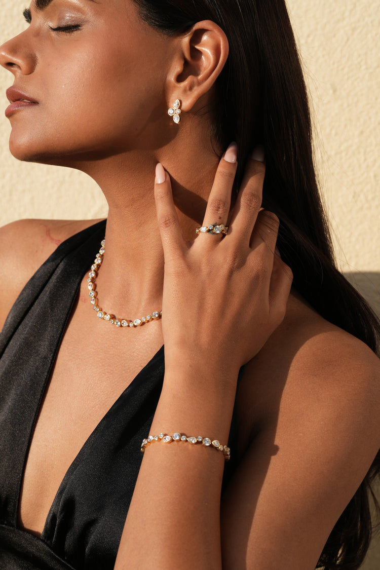 The Sequence Stud Earrings worn by model (PRA02715)