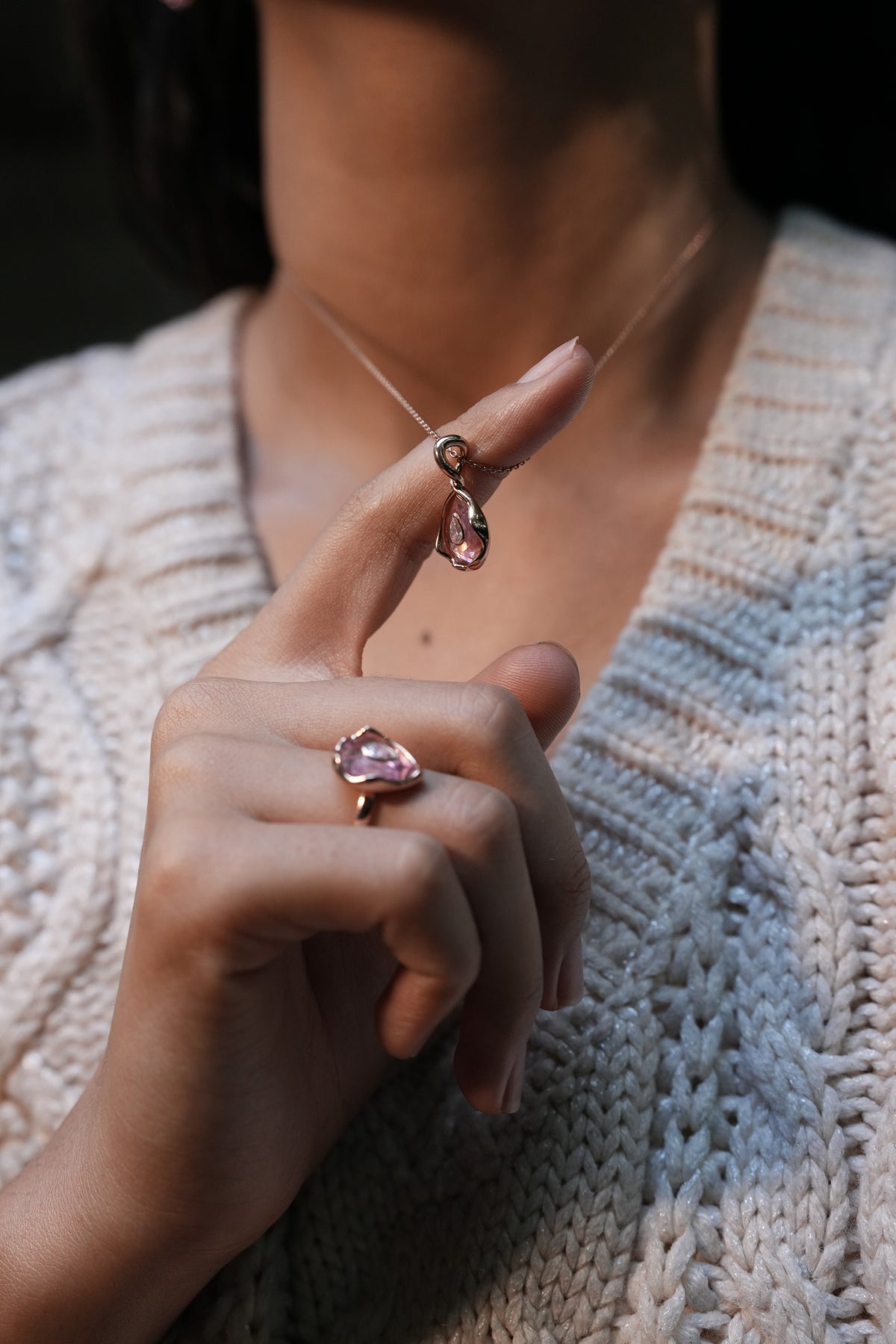 The Pear Pendant worn by model (PRA02412)