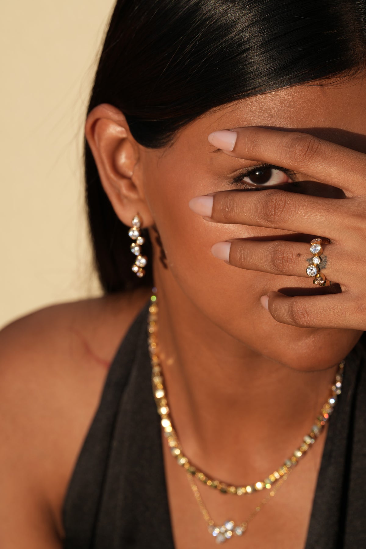 The Sequence Drop Earrings worn by model (PRA02745)
