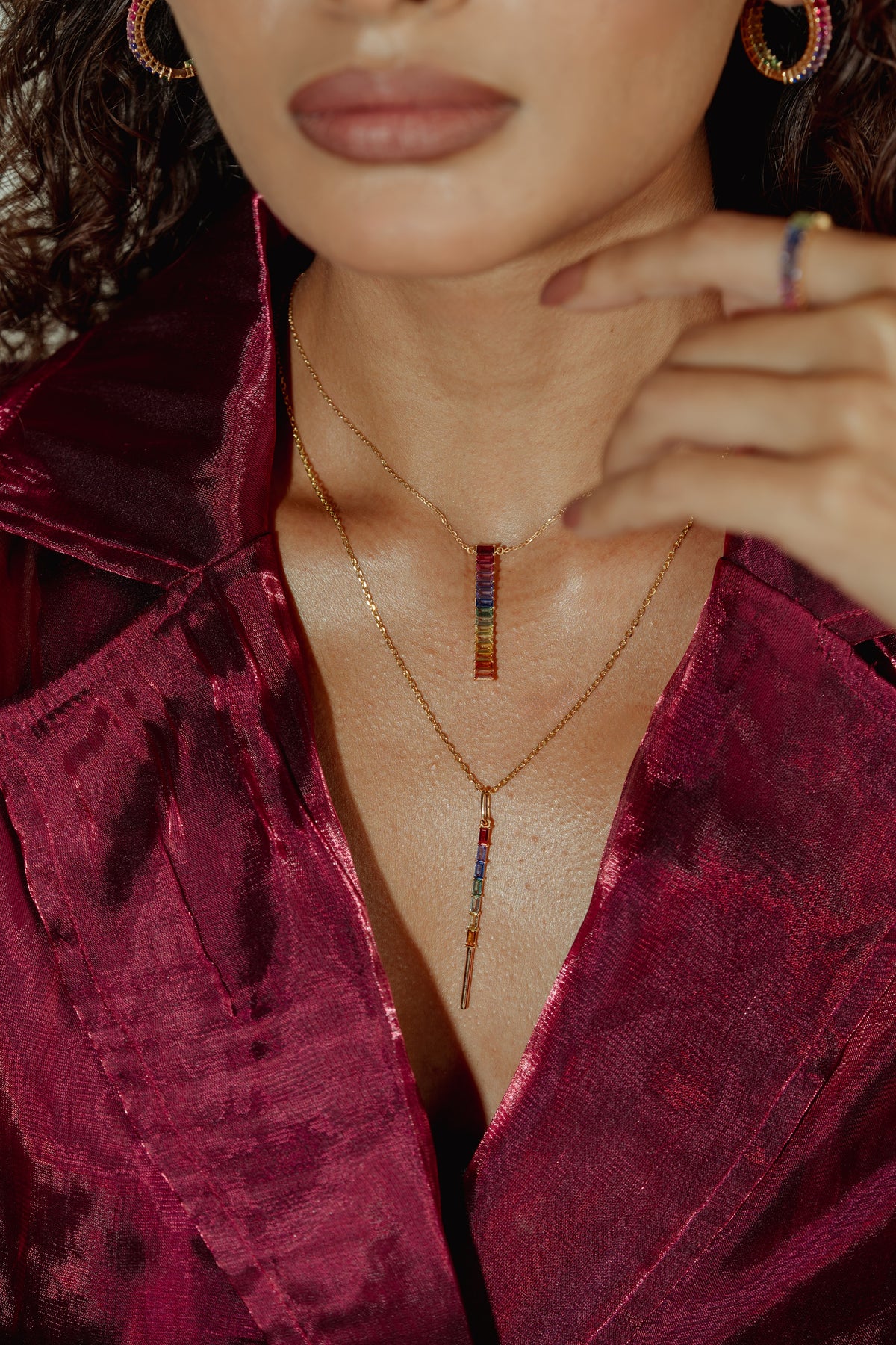 The Rainbow Colour Note Pendant worn by model