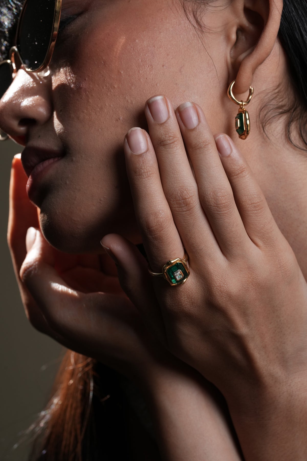 The Emerald Earring worn by model (PRA02302)