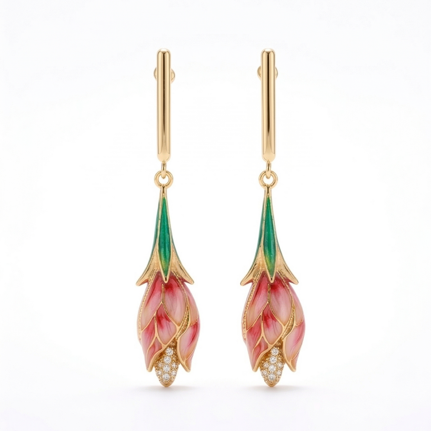 Gold earrings with floral design on a white background