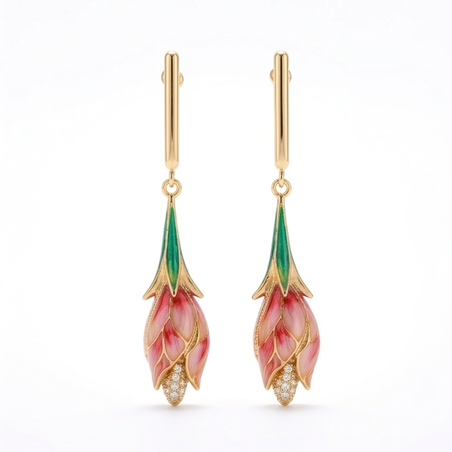 Gold earrings with floral design on a white background