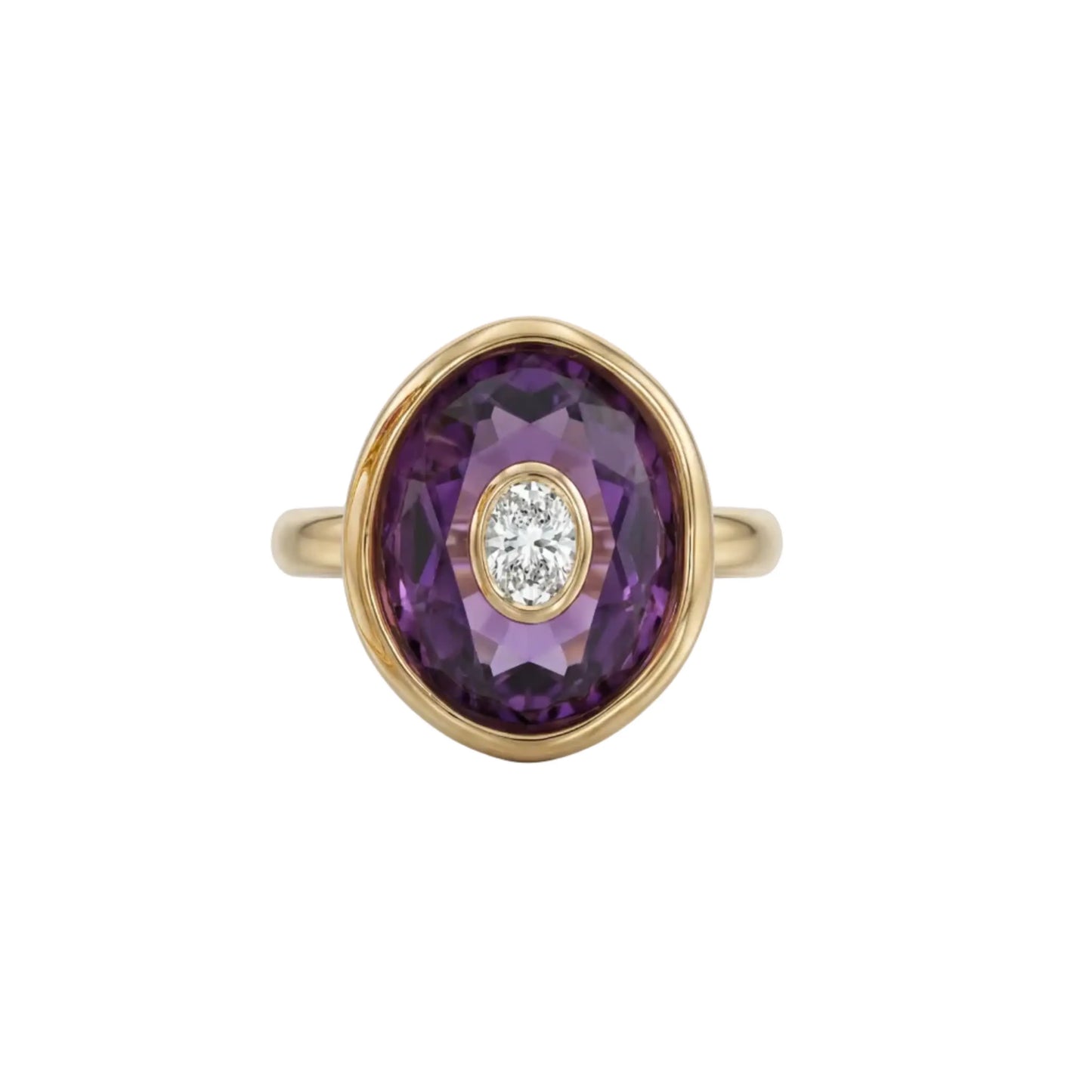 Gold ring with a purple gemstone and diamond on a white background
